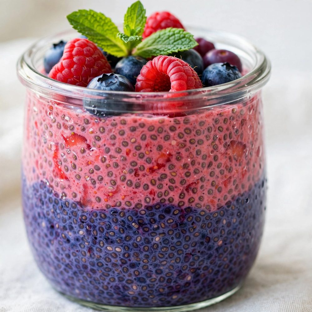 Layered berry chia pudding in a glass jar topped with raspberries and blueberries