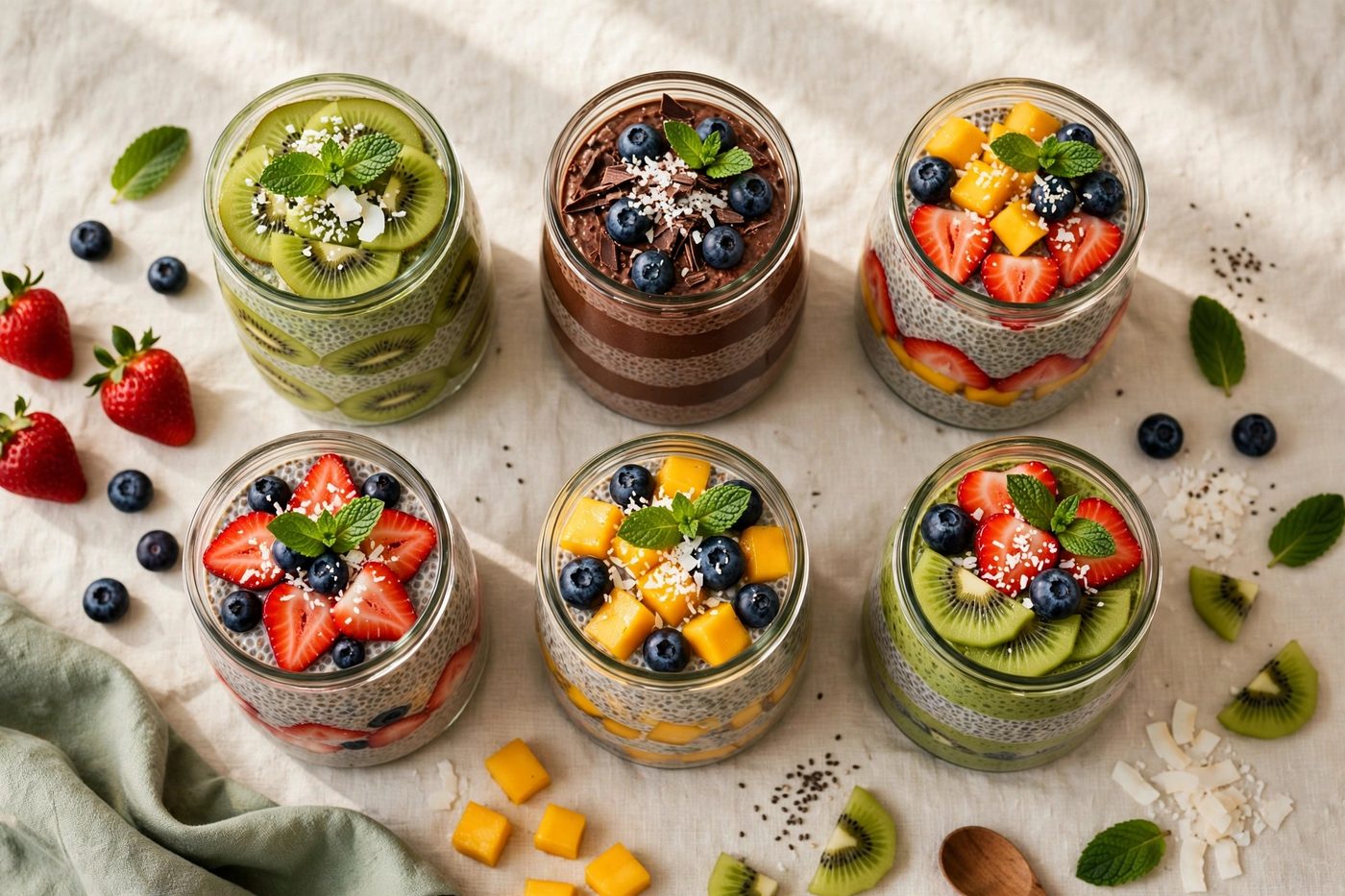 Six jars of chia pudding in different flavors arranged on a linen tablecloth