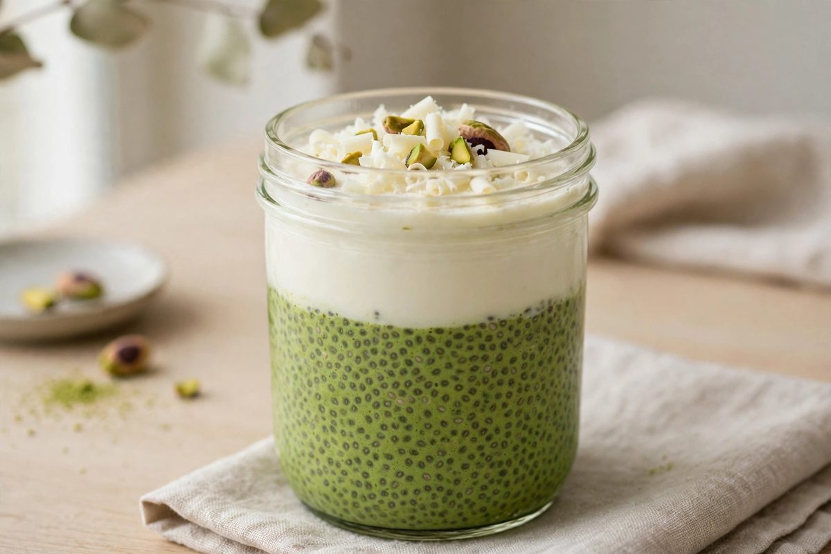 Smooth green matcha chia pudding in a glass jar topped with fruit