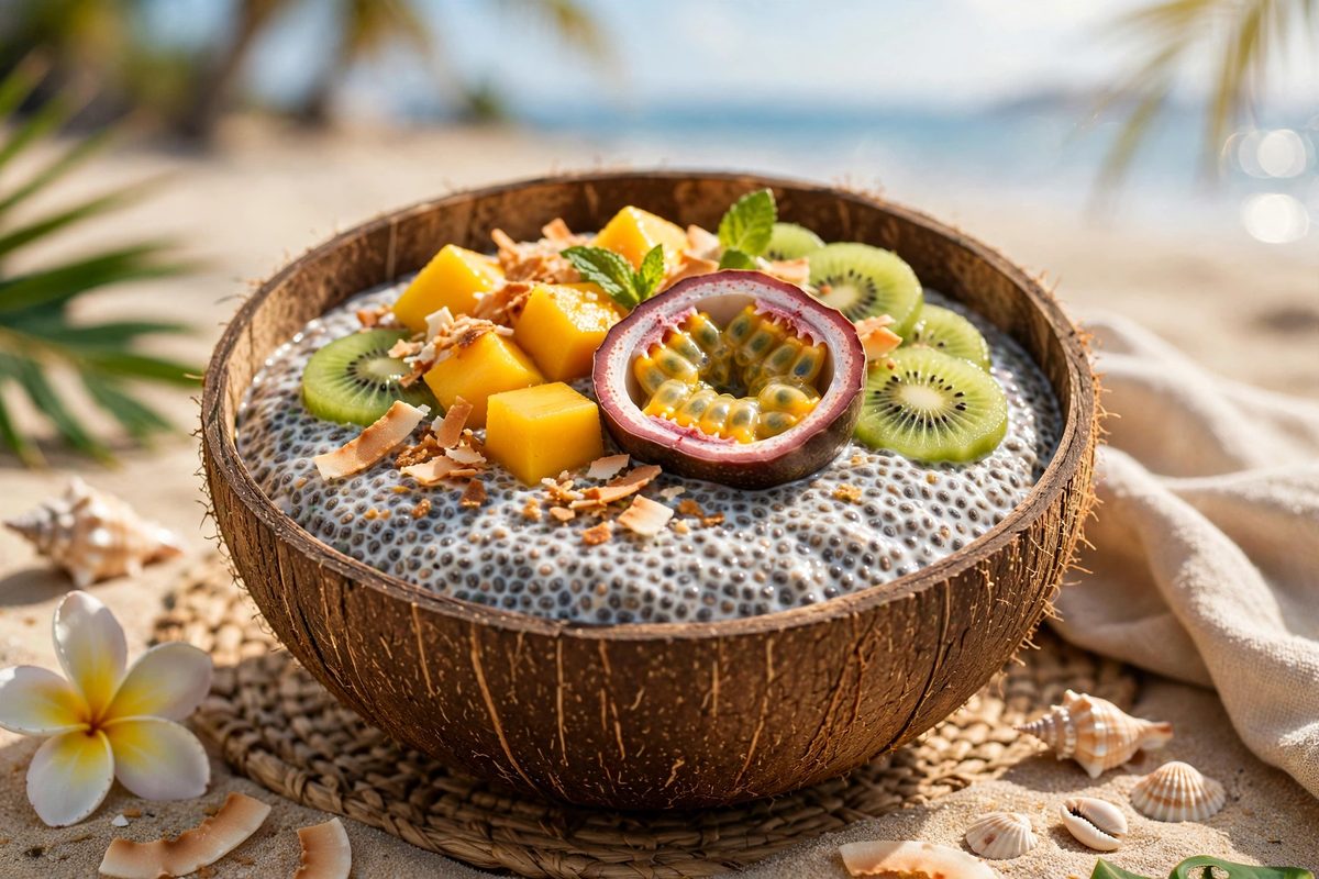Tropical chia pudding jar topped with mango cubes and fresh berries